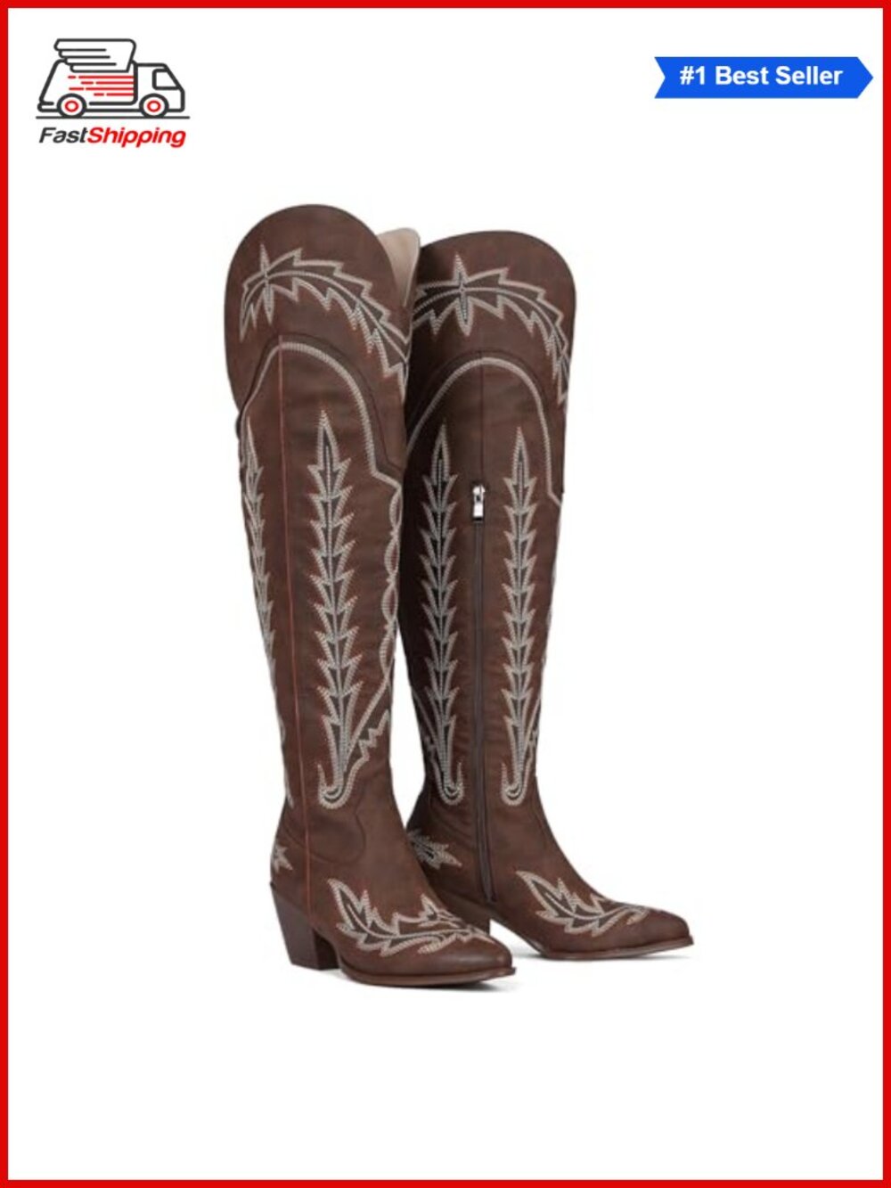 Wide Calf Over the Knee Western Boots Embroidered Pointed Toe Block Heel